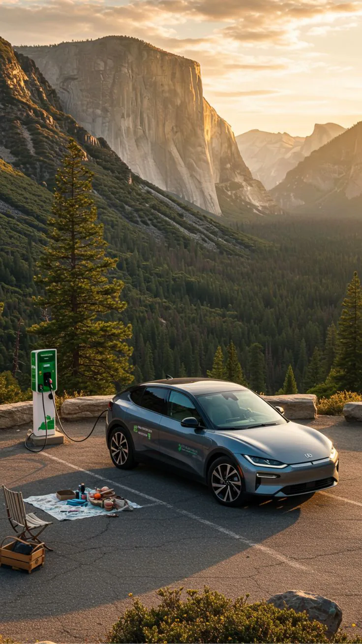 Elektroauto an einer Ladestation in einer Berglandschaft.