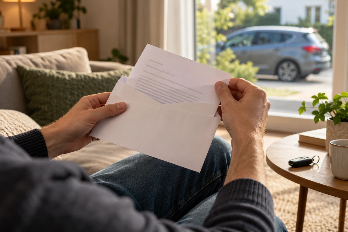 Eine Person öffnet zu Hause einen Brief; ein Auto steht vor dem Fenster.
