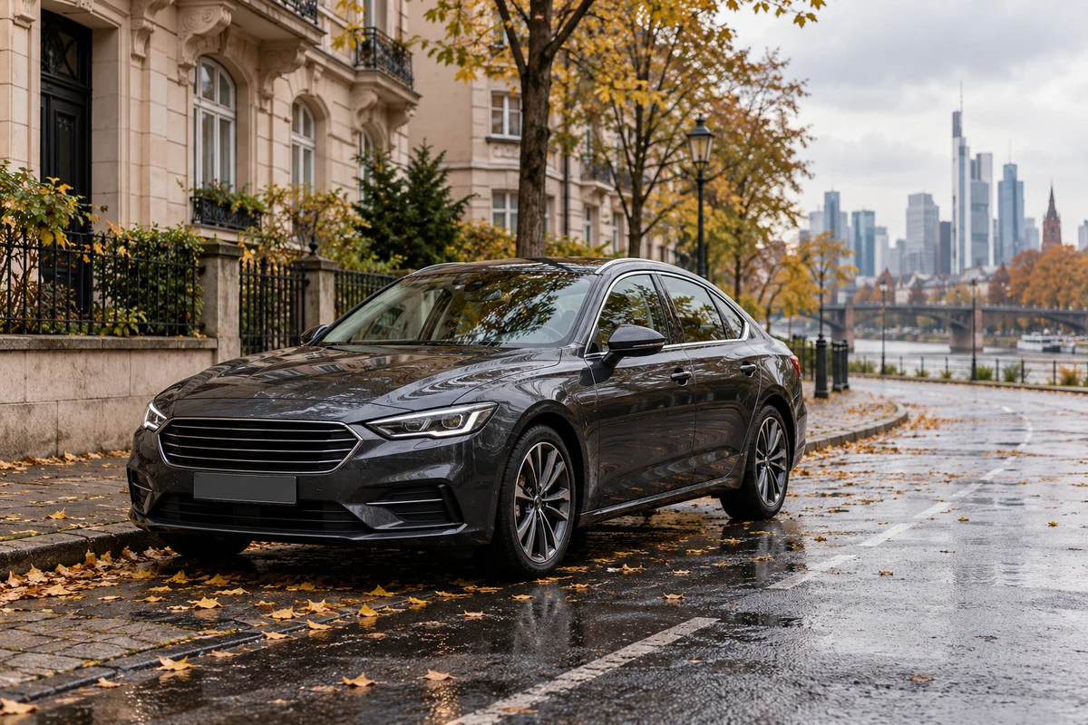 Dunkle Limousine in einer herbstlichen Stadtszene mit einer angedeuteten Frankfurter Skyline, KI-generierte Illustration.