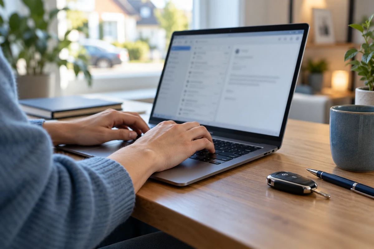 Hände tippen eine Nachricht auf einem Laptop neben einem Autoschlüssel.