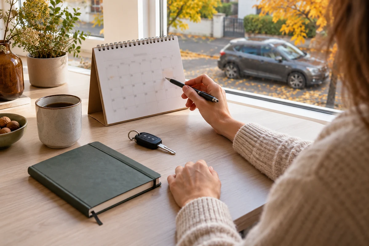 Kalender, Stift und Autoschlüssel auf einem Tisch am Fenster.
