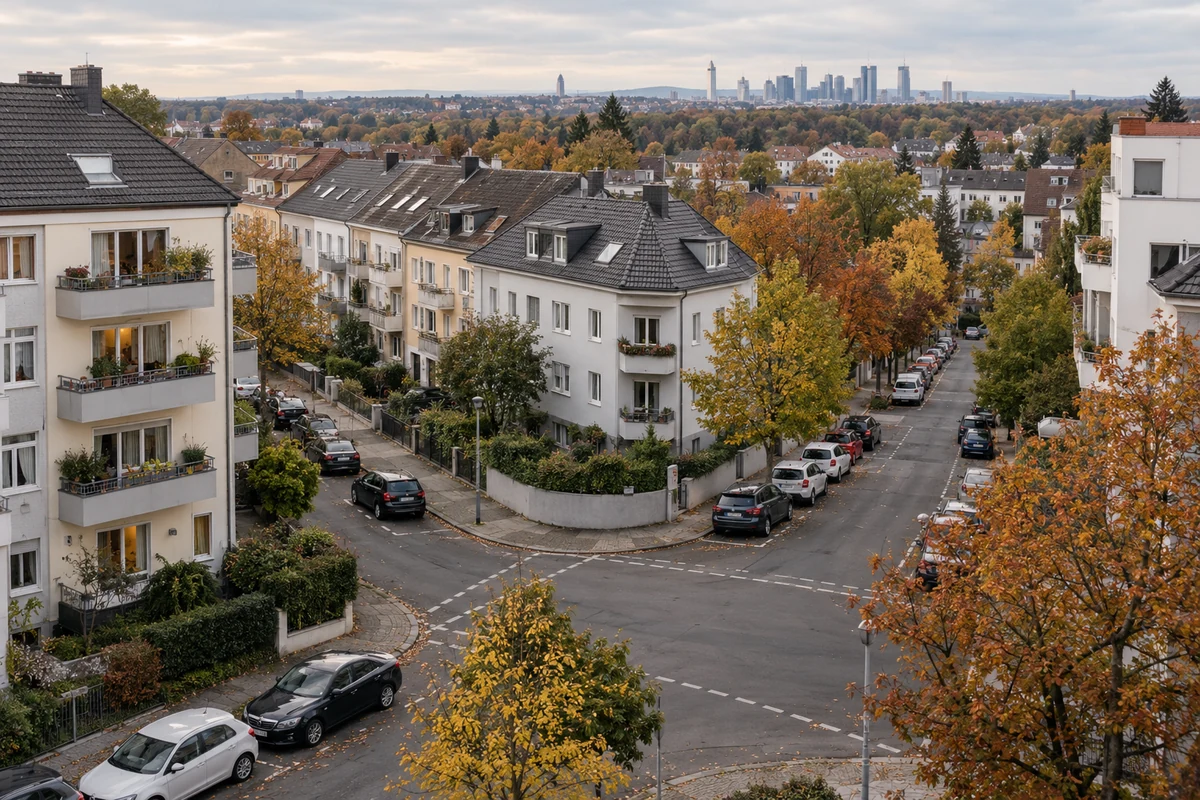 Illustrative Wohngegend mit Straßen, geparkten Autos und einer entfernten Skyline.