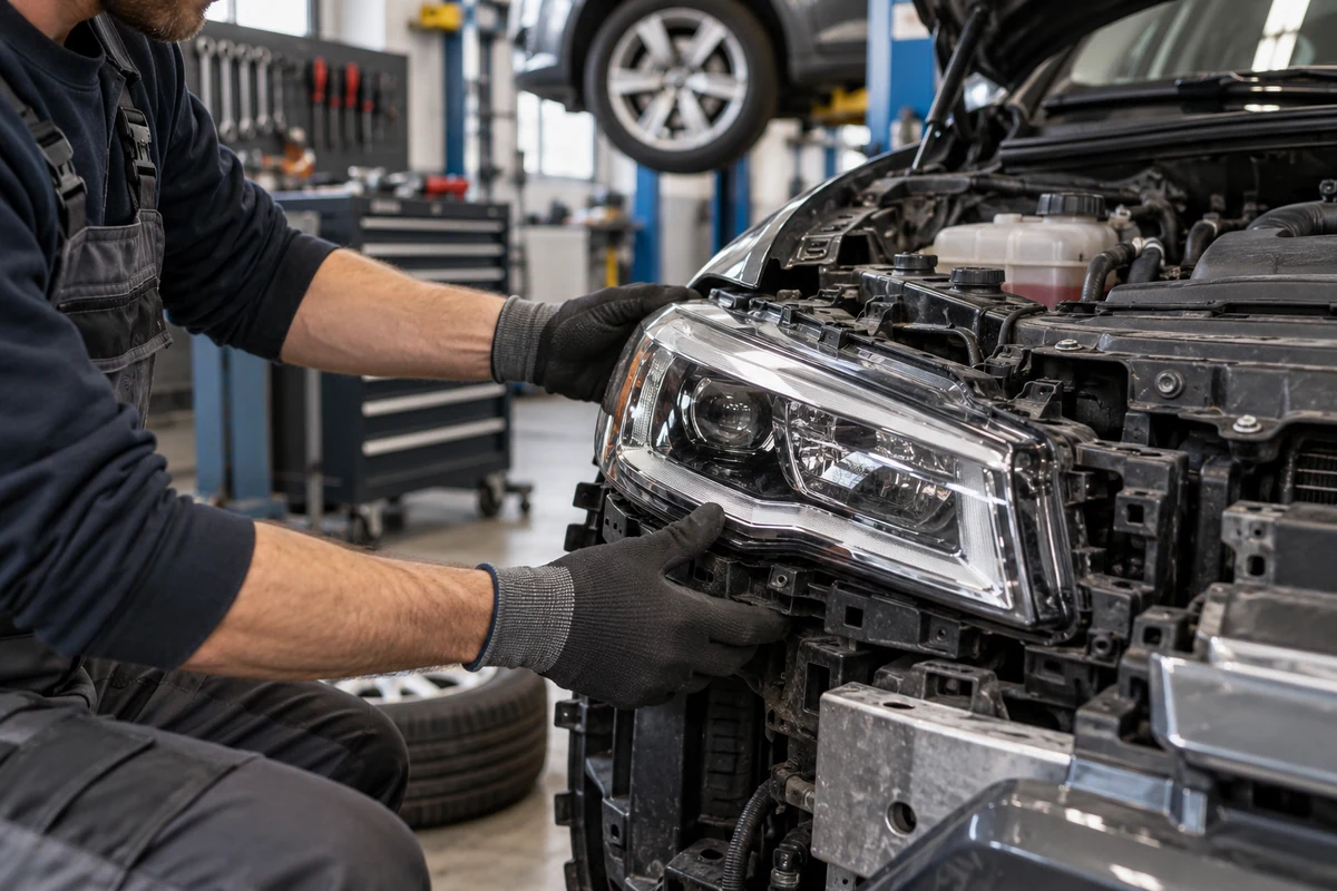 Ein Mechaniker prüft den Scheinwerfer eines Autos in einer Werkstatt.