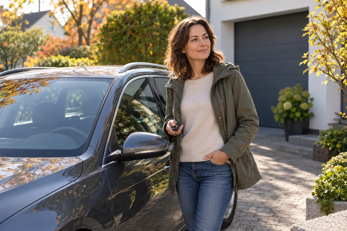 Eine Frau mit einem Autoschlüssel steht neben einem geparkten Auto.