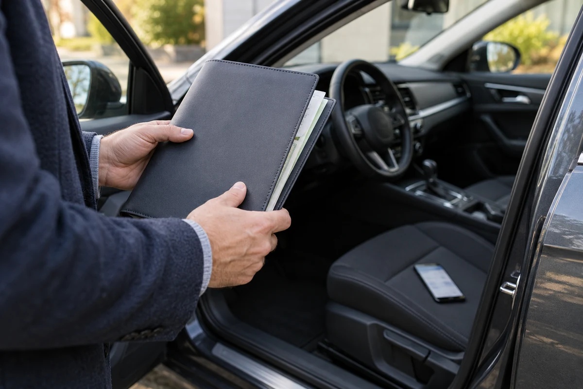 Fahrzeugmappe in den Händen einer Person neben einer geöffneten Autotür.
