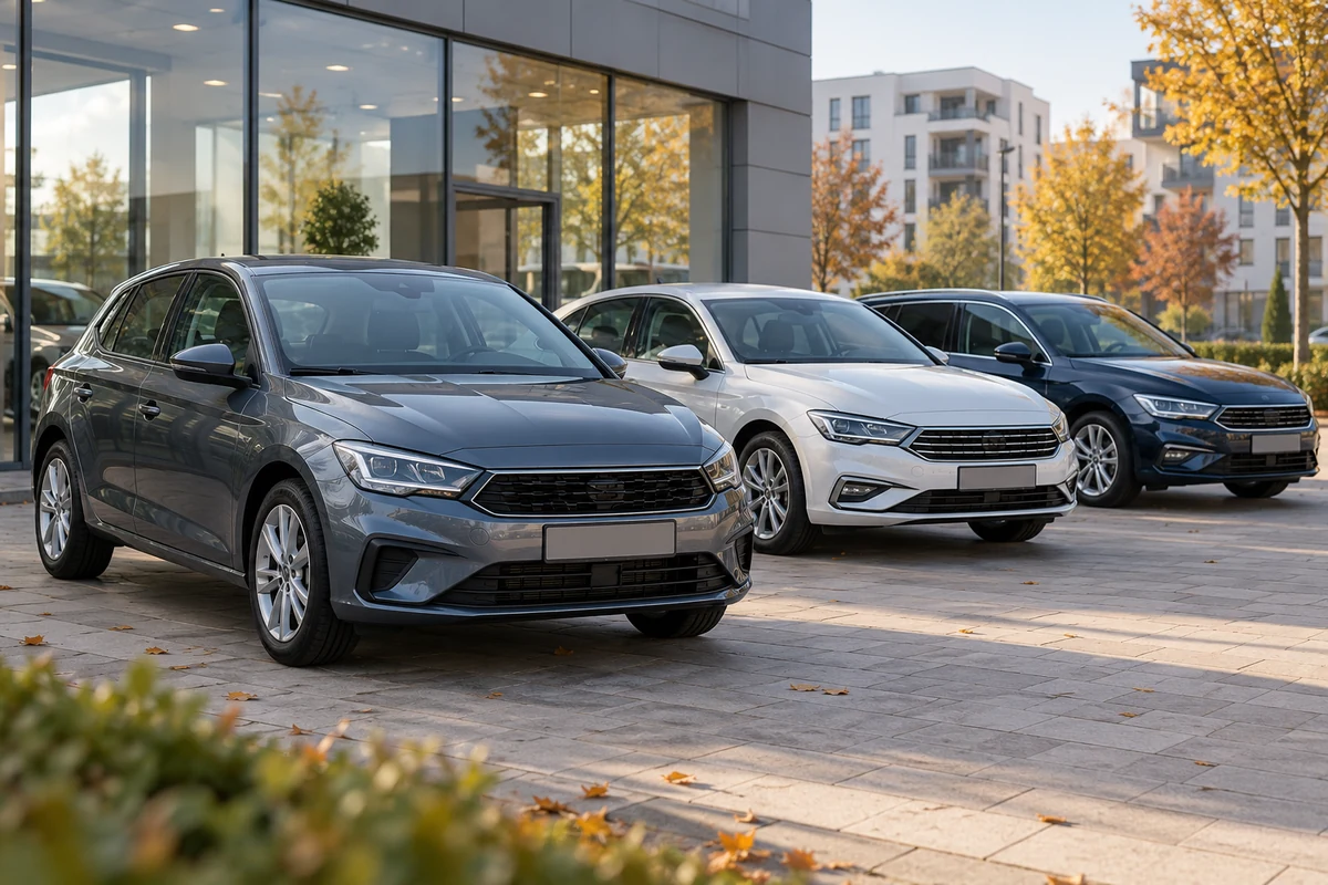 Drei unterschiedliche Pkw vor einem Autohaus im Herbst.