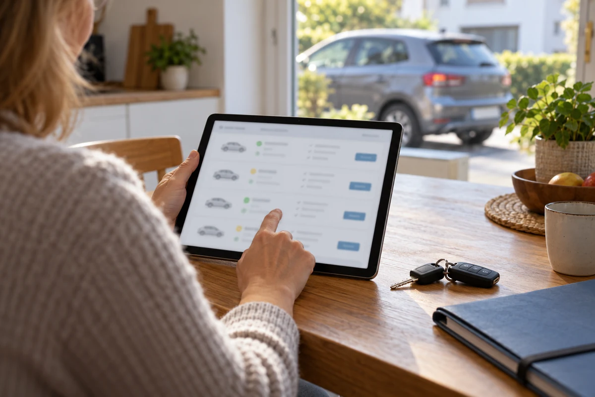 Eine Person vergleicht Informationen auf einem Tablet; Autoschlüssel liegen daneben.