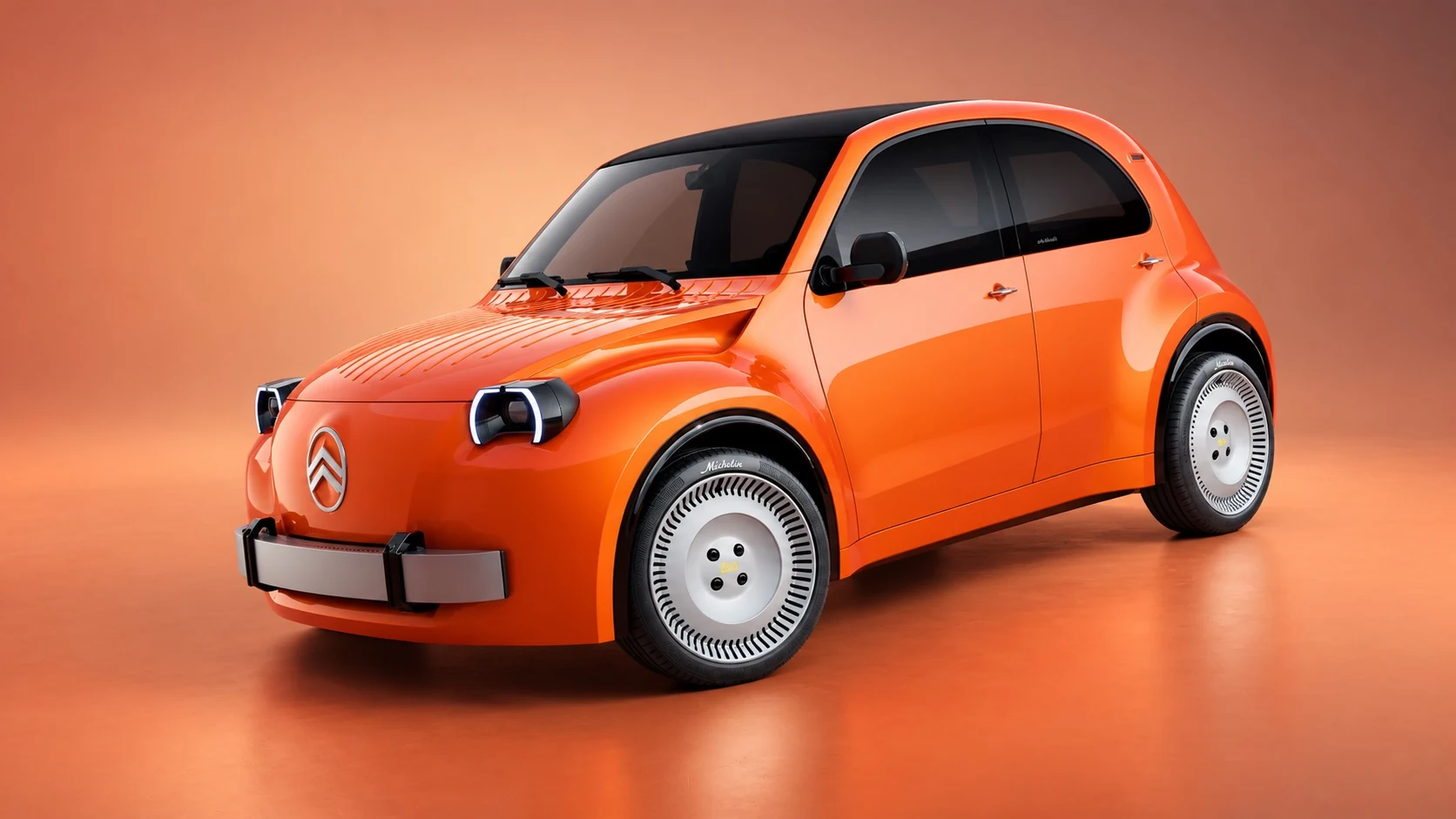 Orangefarbener Citroën 2CV Concept mit schwarzem Dach, schräg von vorn.