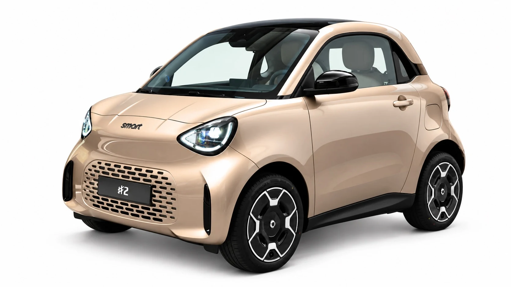 smart #2 in einer hellen Metallicfarbe, schräg von vorn.