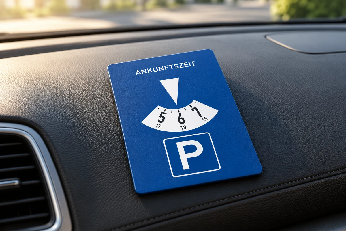 Blue mechanical German parking disc with a white arrival-time indicator on a dashboard.