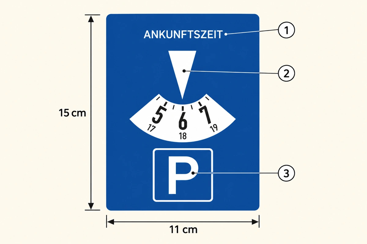 Blue and white parking disc with dimension arrows: 11 cm wide and 15 cm high. Labels: 1 arrival time, 2 pointer and scale, 3 P parking symbol.