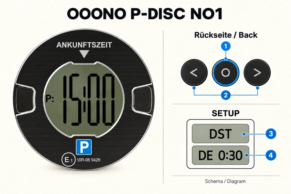 Reference-based OOONO P-DISC NO1 illustration. Diagram: 1 O button, 2 rear arrow buttons, 3 DST menu setting, 4 German 0:30 rounding interval.