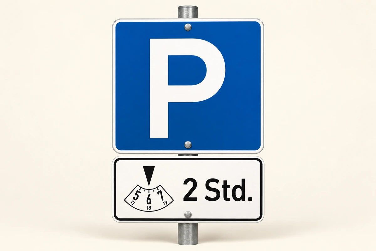 Blue P parking sign above a supplementary plate showing a parking-disc symbol and 2 Std.