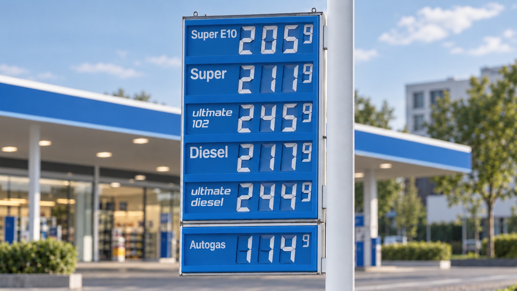 Preistafel einer Tankstelle mit verschiedenen Benzin- und Dieselsorten sowie Autogas.
