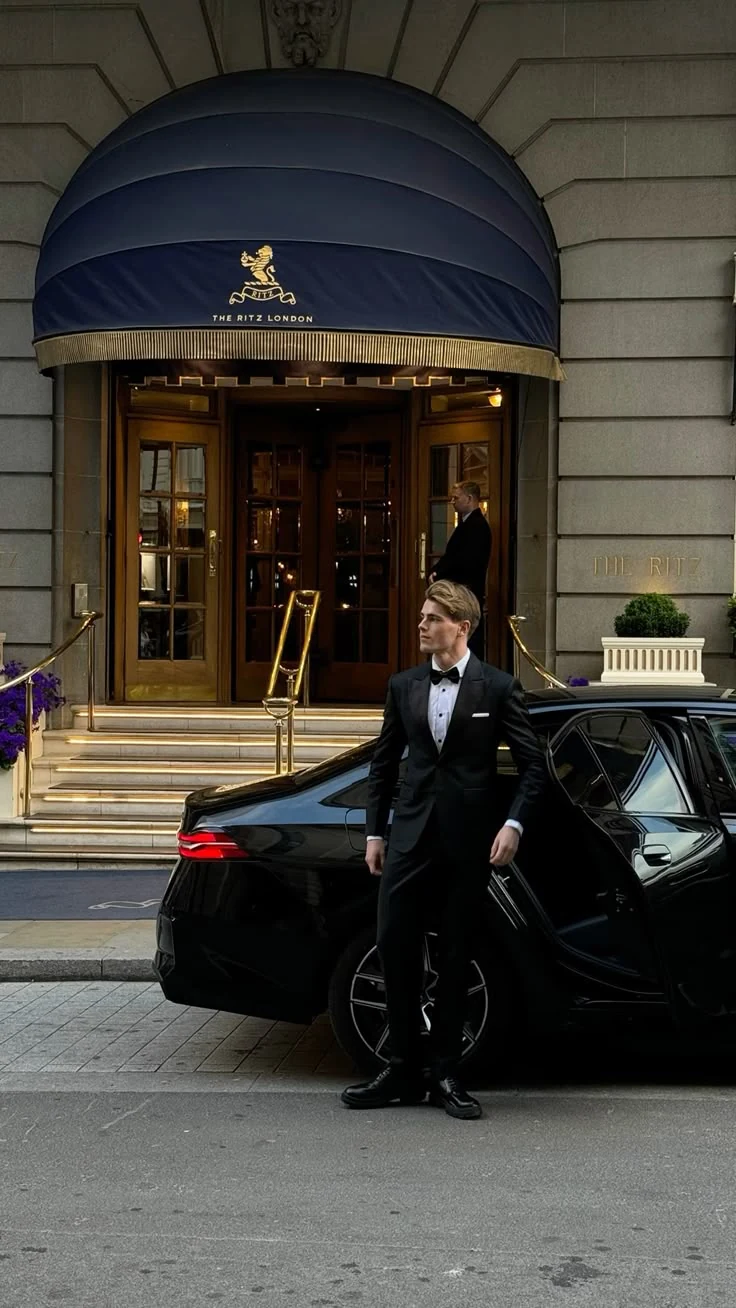 A guest in a tuxedo beside the open rear door of a black car outside a hotel.