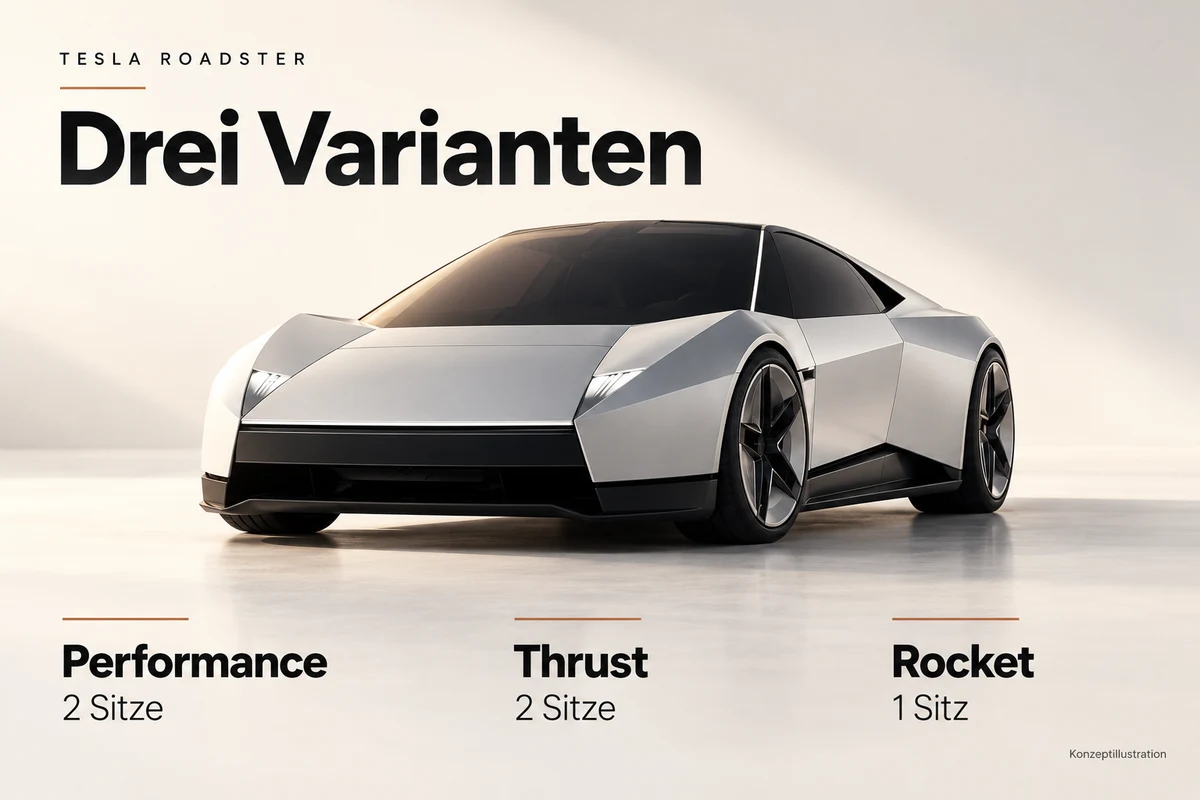 Concept illustration of the Tesla Roadster: Performance and Thrust have two seats; Rocket has one. German labels.