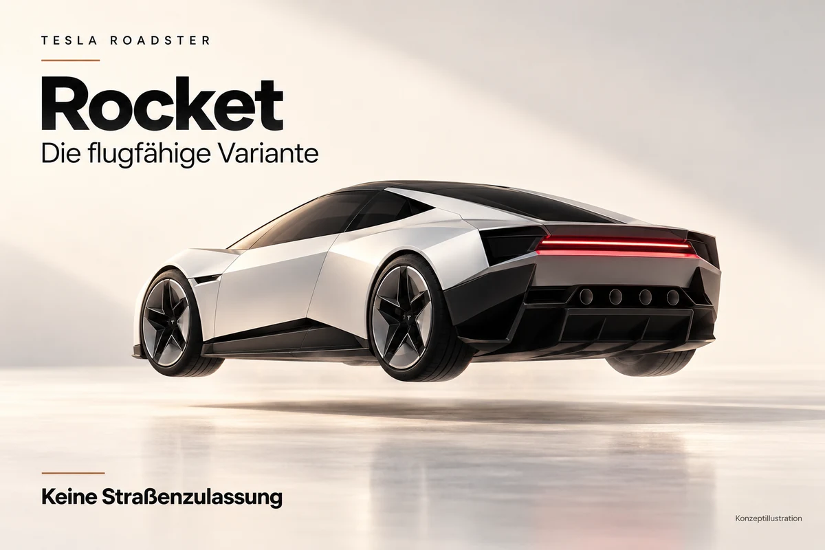 Concept illustration of a hovering Roadster Rocket. The German caption states that it has no approval for public roads.
