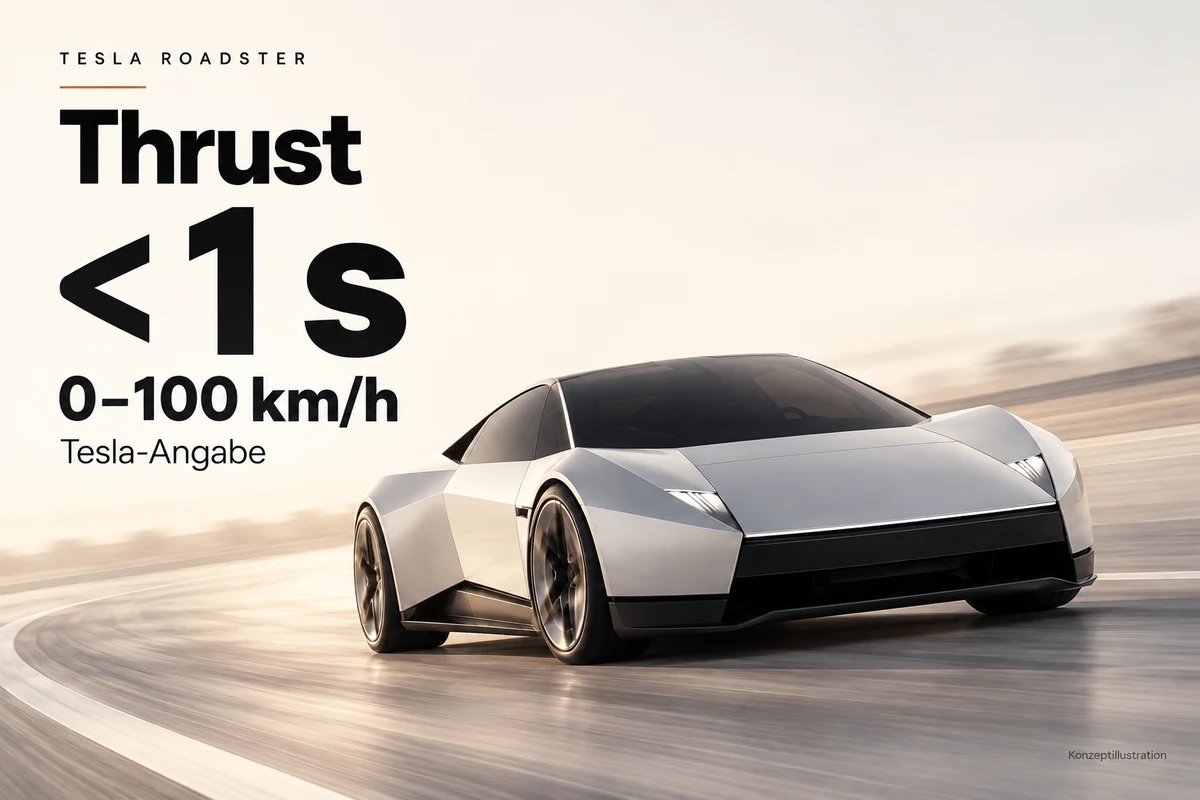 Thrust: Tesla claims less than one second from 0 to 100 km/h. Concept illustration with German labels.