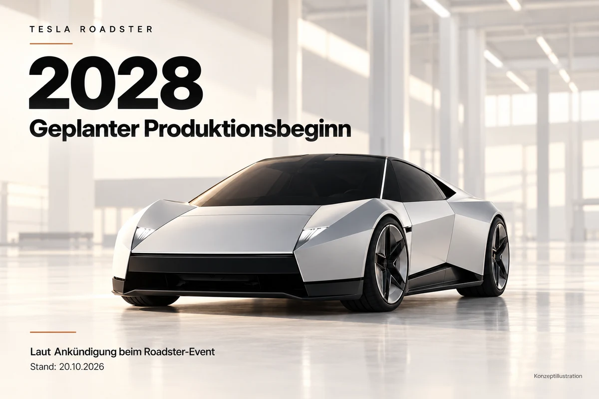 Tesla Roadster: planned production start in 2028, as announced at the Roadster event. Concept illustration with German labels.