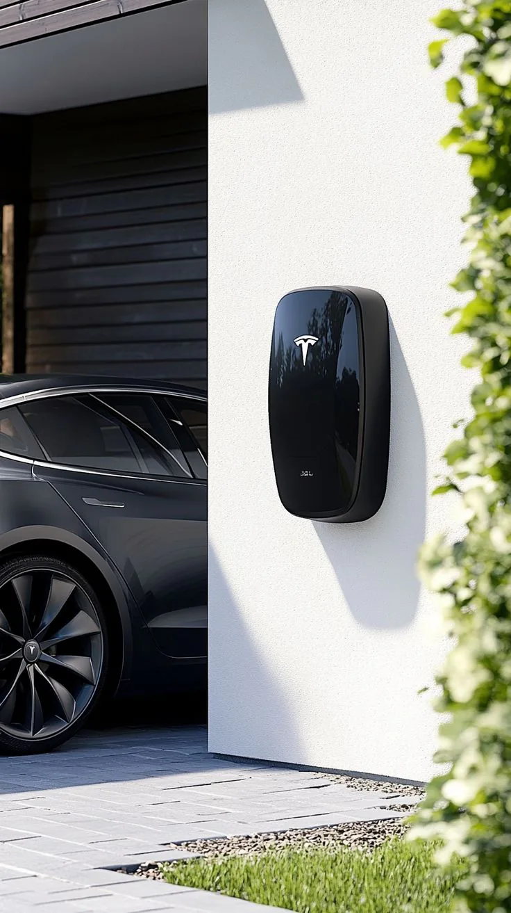 Black Tesla wallbox on a house wall beside a dark electric car.