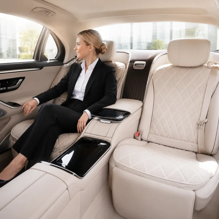 Geschäftsreisende entspannt im Fond einer Premium-Limousine