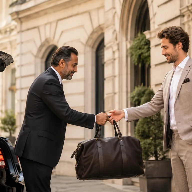 Chauffeur übergibt einem Gast eine Reisetasche vor dem Fahrzeug