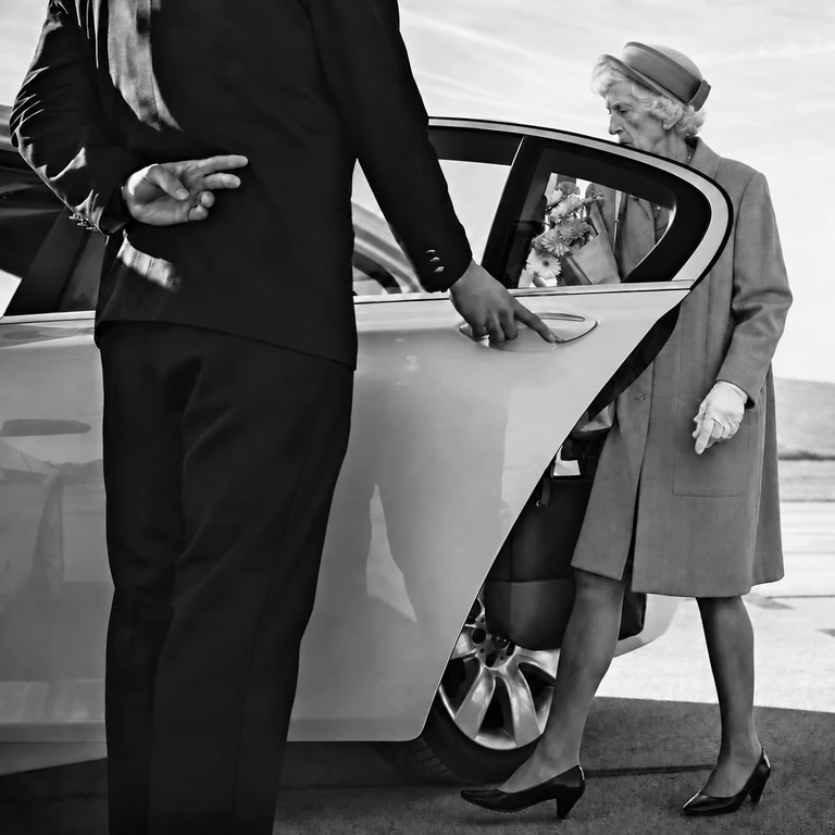 Chauffeur hält einer älteren Dame mit Blumenstrauß die Autotür auf