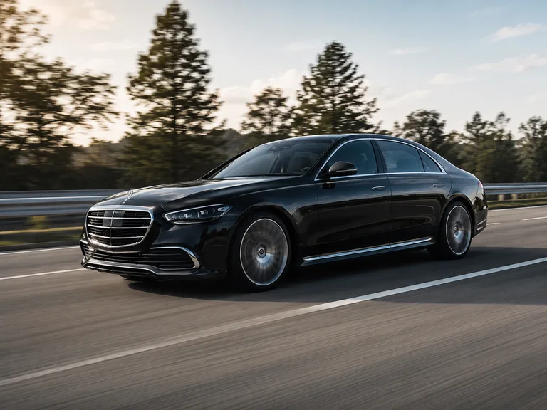 Black Mercedes-Benz S-Class driving along a tree-lined road