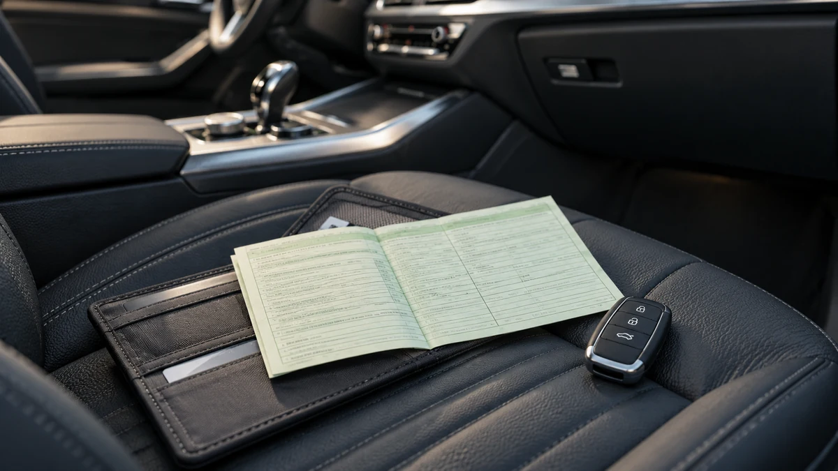 Illustration: vehicle paperwork and a car key on a dark leather seat