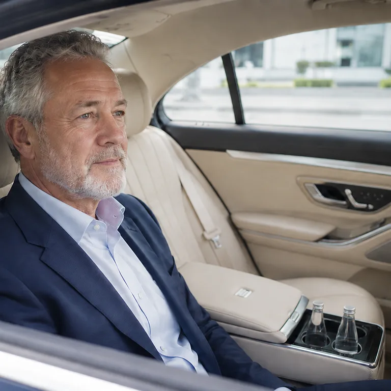 Messegast im Fond eines Premium-Fahrzeugs