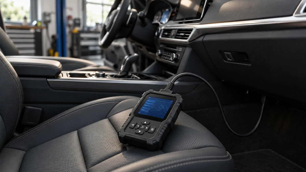 OBD-II diagnostic scanner on a dark leather seat inside a car