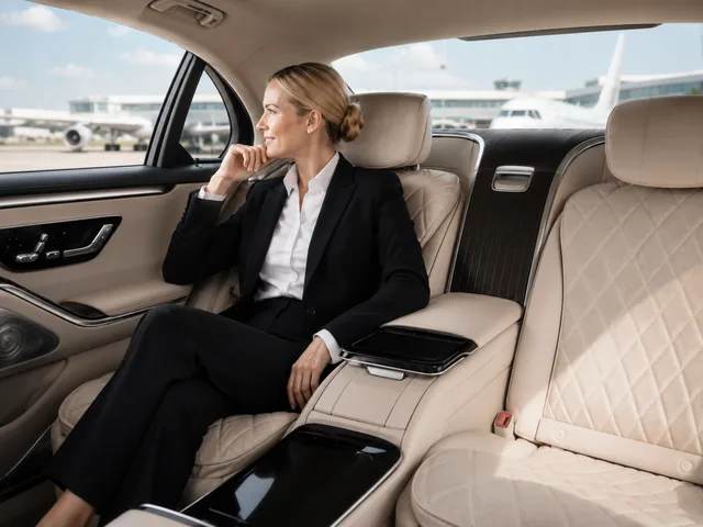 Passagierin im Premium-Fahrzeug beim Flughafentransfer Frankfurt
